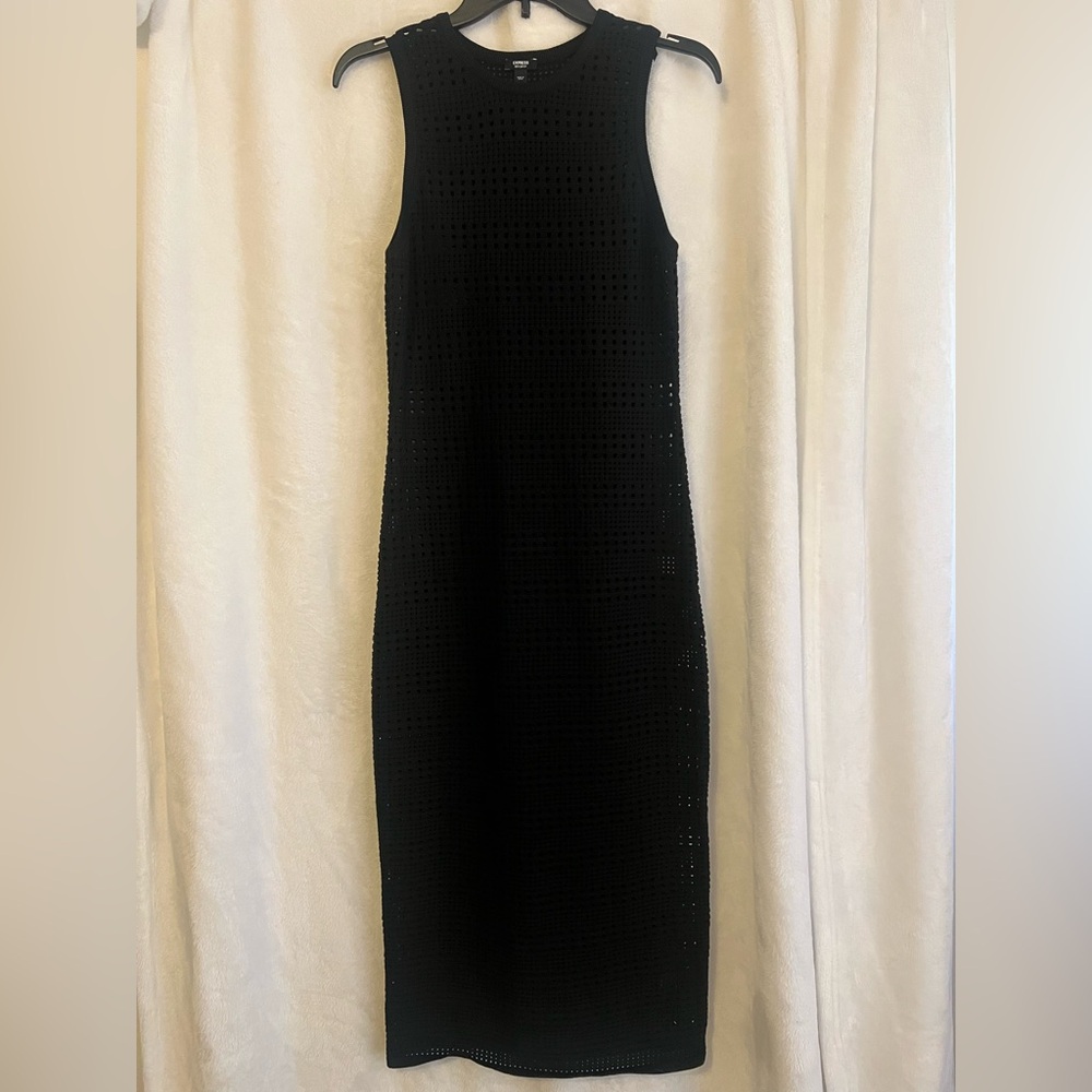 Express Black Crochet High Neck Sleeveless Midi Dress